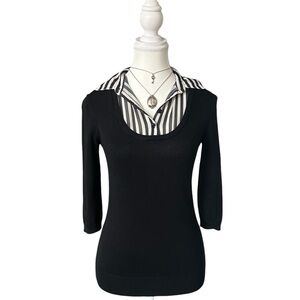 Y2K “Suzy Shier” Black and White Stripe Layered Knit Quarter Sleeve Blouse Top